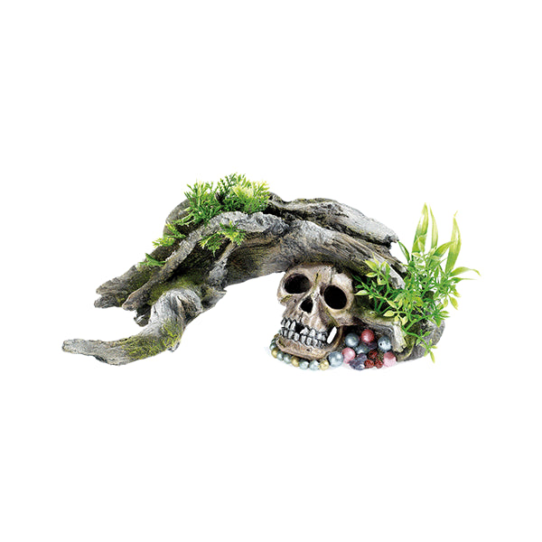 decoração aquário "wood skull/plants" 30x11x13 cm