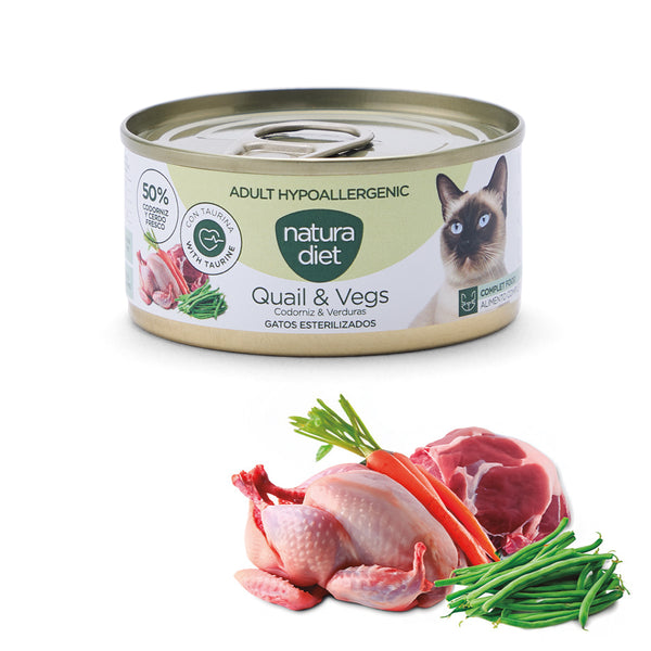 natura diet cat paté adult hypoallergenic quail & vegs 85g - cx 24 un
