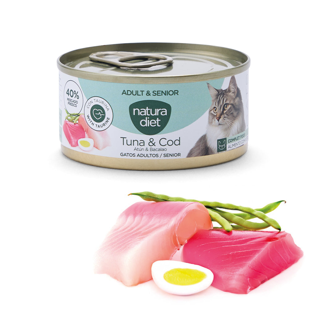 natura diet cat paté adult& senior tuna & cod 85g - cx 24 un