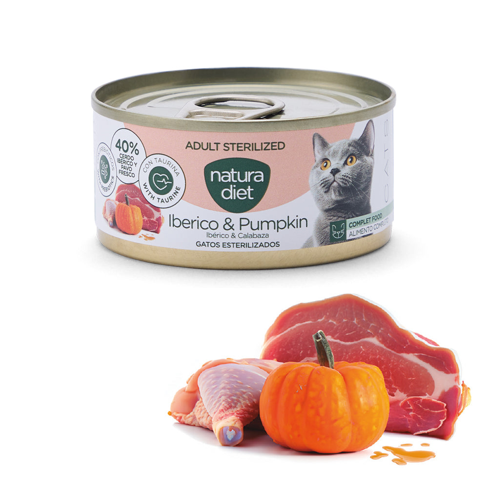 natura diet cat paté adult sterilized iberico & pumpkin 85g - cx 24 un