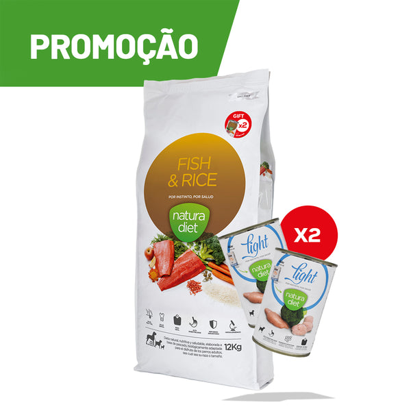 promo - natura diet fish&rice 12kg + 2un latas 400g